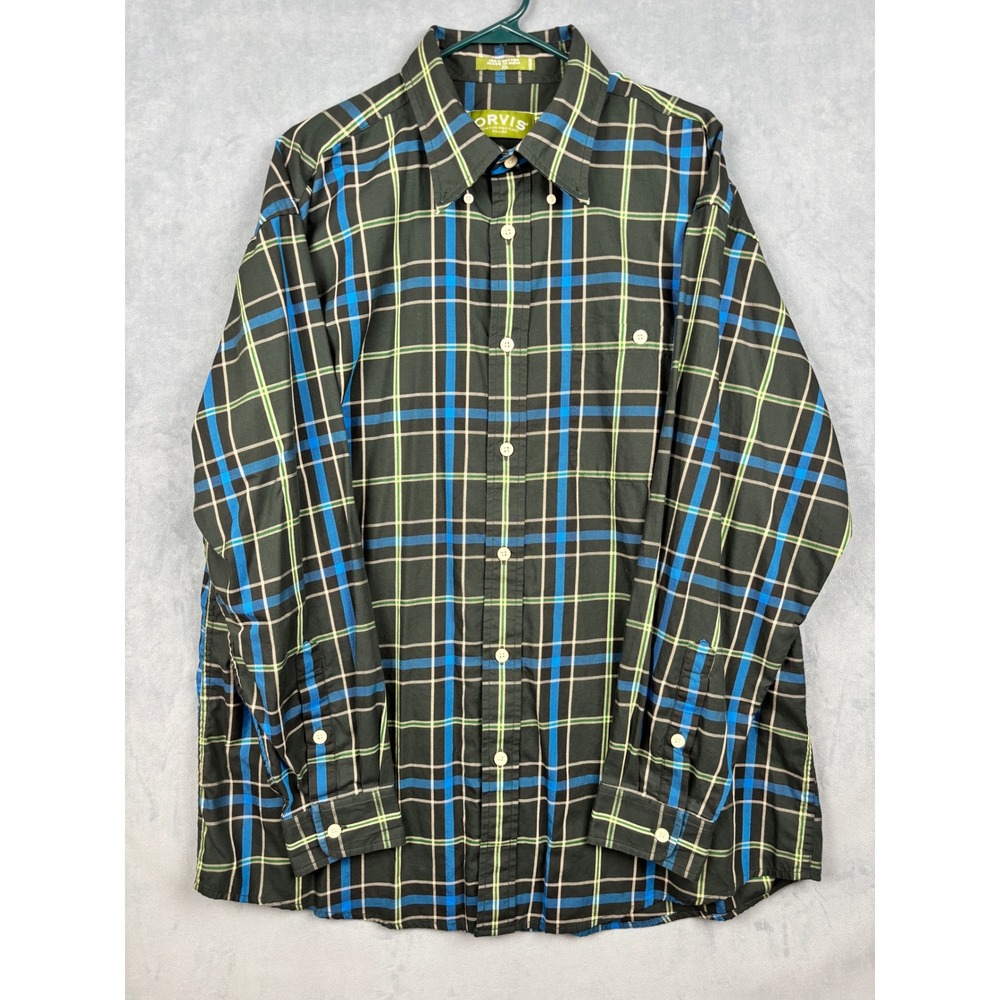 Orvis Mens XL Plaid Button Down Shirt Green Blue Cotton Long Sleeve Sporting